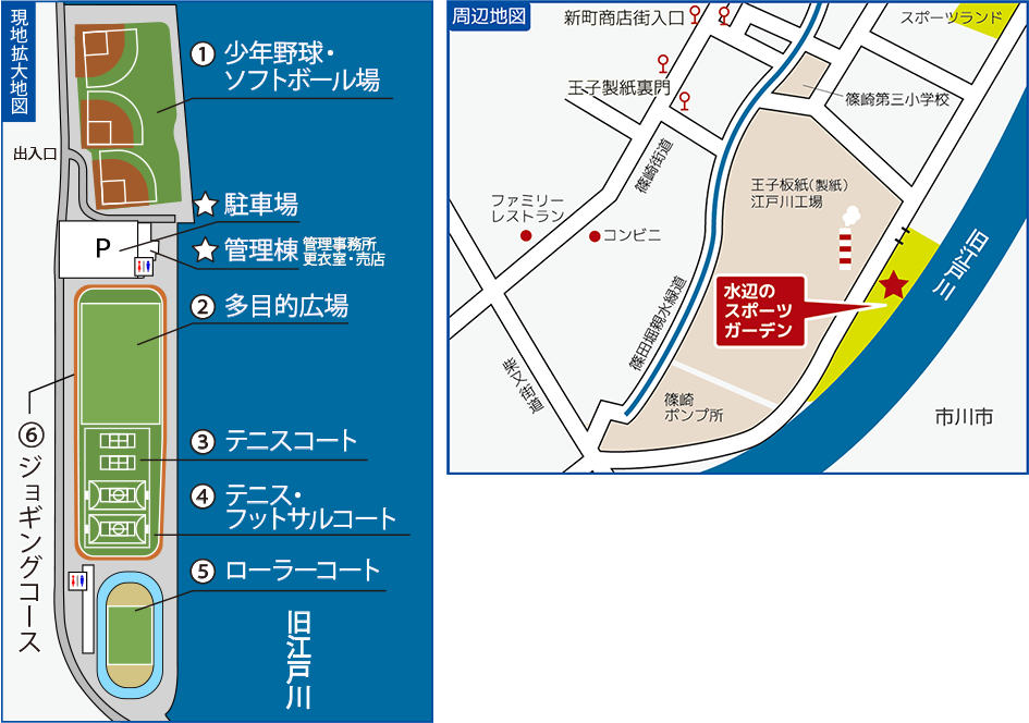 水辺のスポーツガーデンの現地拡大地図と周辺地図。現地拡大地図では、少年野球ソフトボール場や駐車場、管理棟などの場所が把握できる。周辺地図は、水辺のスポーツガーデンの周りのバス停やコンビニなどが記載されている。